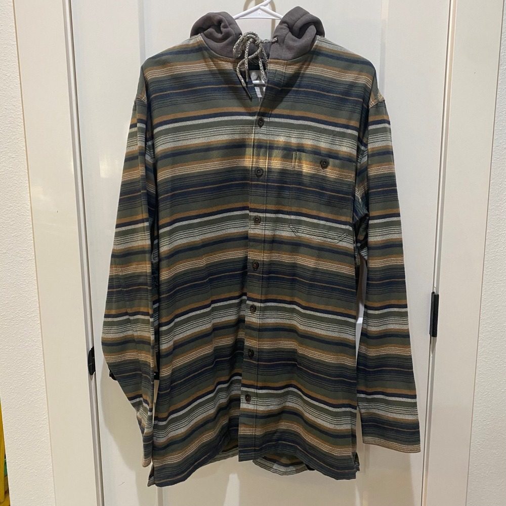 Ascend Mens Large Tall Hooded Flannel Shirt Striped Green Brown Long Sleeve LT